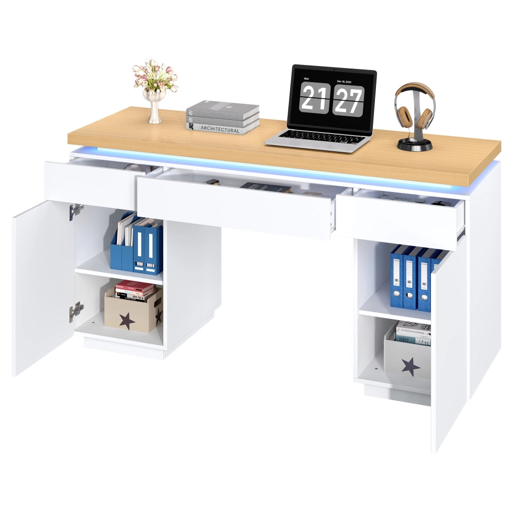 Scrivania con LED multicolore; 140 x 50 cm; 3 cassetti e 2 ante; MDF bianco e rovere