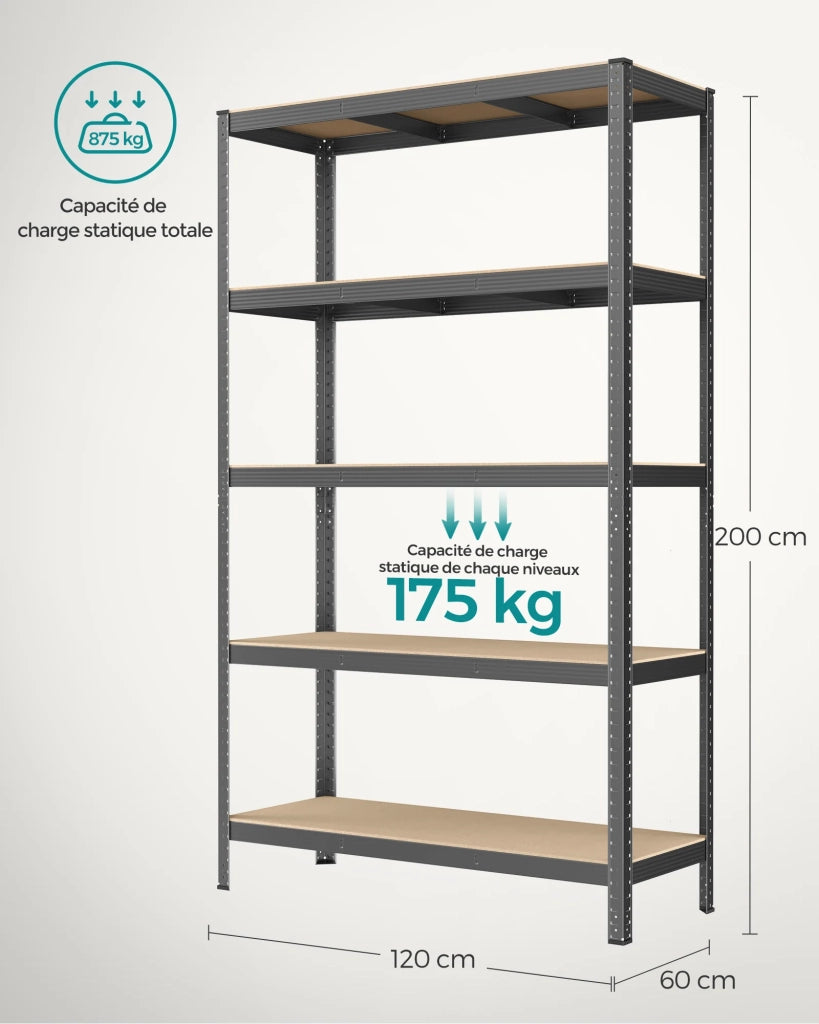 Mobiletto portaoggetti in acciaio per carichi pesanti a 5 ripiani montaggio senza attrezzi ripiano da garage per cassette degli attrezzi capacità di carico 875 kg 60 x 120 x 200 cm grigio 12_0005573