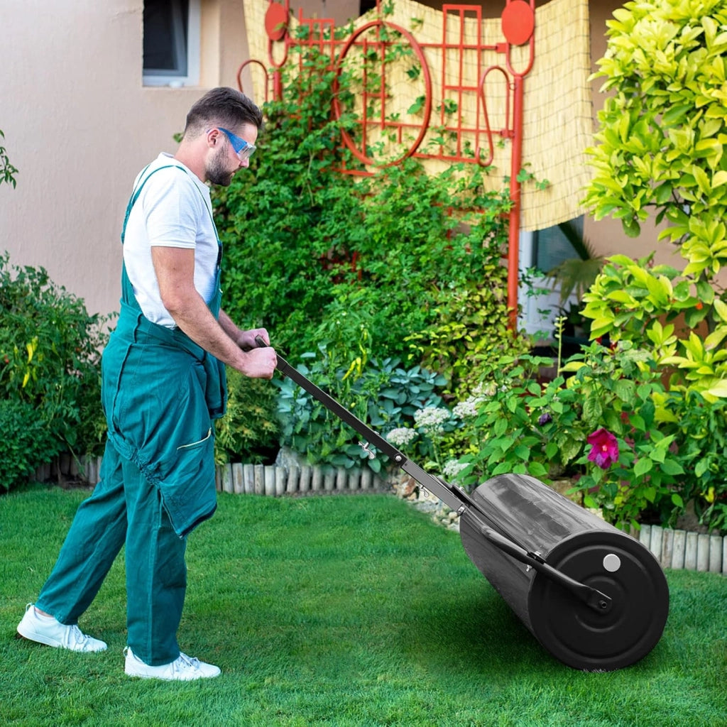 Rullo da Giardino per Prato 113 L 90 x 40 cm, Rullo per Prato in Metallo Riempibile di Acqua/Sabbia con Manico Antiscivolo, Ideale per Cortile, Parco e Fattoria (Nero)