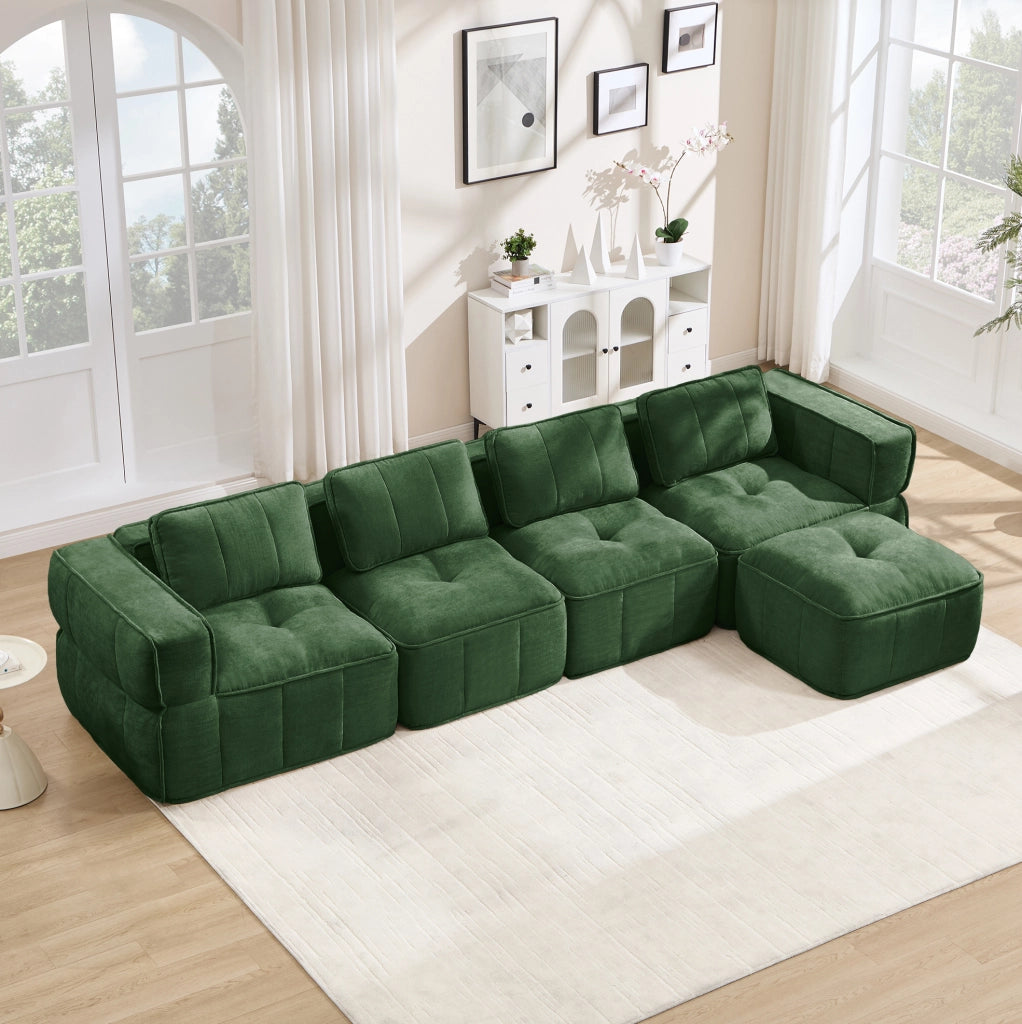 Divano modulare a L ULEVR 344x162 cm 4 posti con pouf, seduta profonda e braccioli larghi, verde