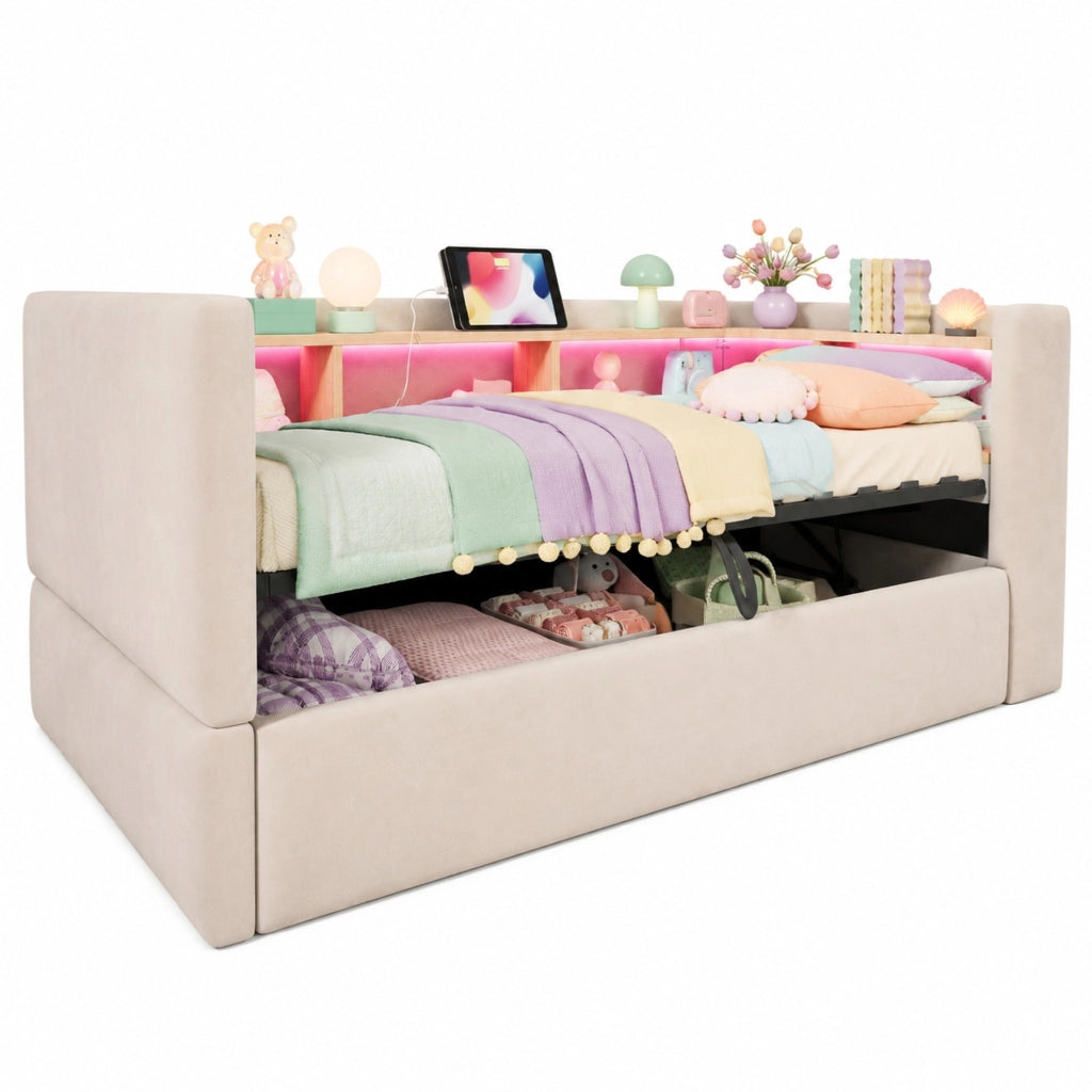 Divano letto imbottito 90x190 cm con contenitore idraulico; LED e prese; grigio chiaro