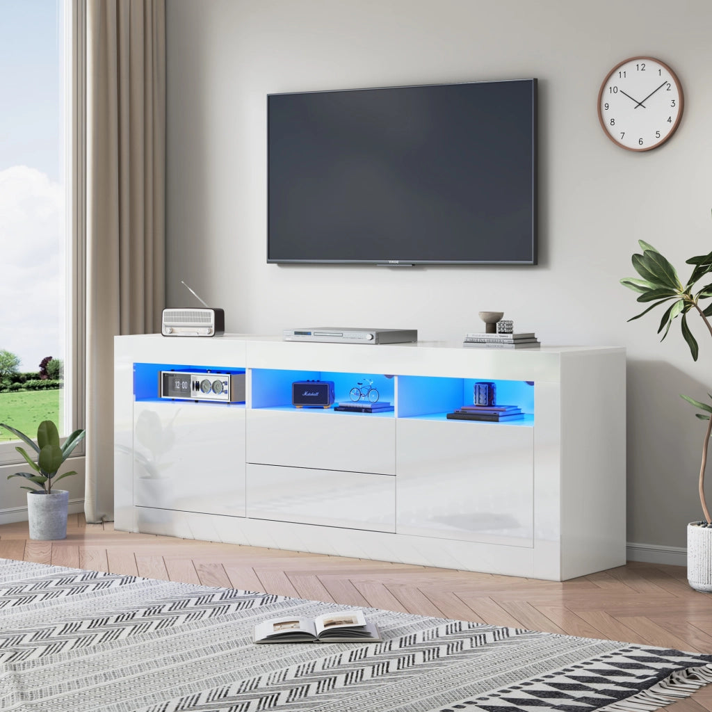 Mobile TV ULEVR 160x35x60 cm bianco lucido con LED Bluetooth, 2 ante, 2 cassetti e 3 vani aperti