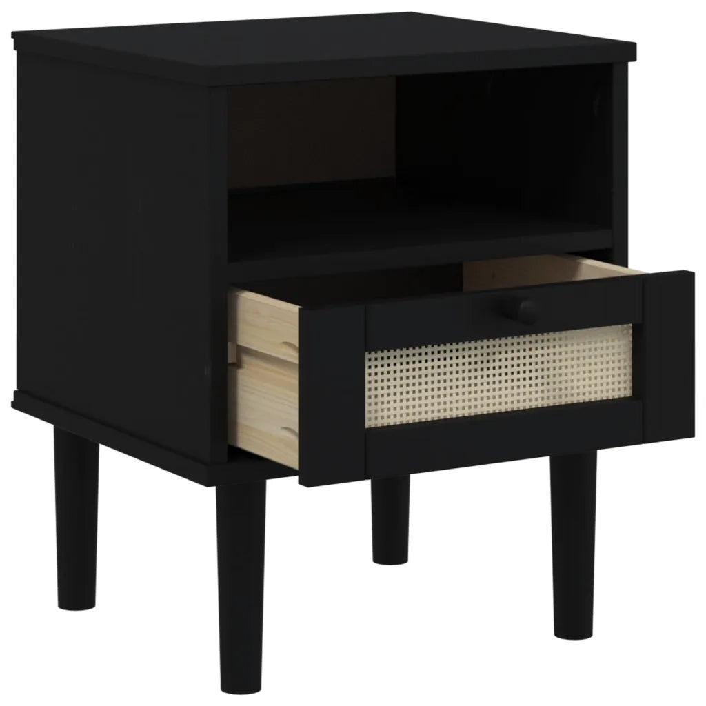 Comodino SENJA Nero Aspetto Rattan 40x35x48 cm in Legno di Pino 358012
