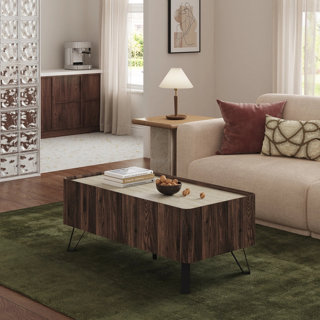Tavolino da Salotto Trorlon con 2 Cassetti 100x50x40 cm - Effetto Noce/Travertino [en.casa]