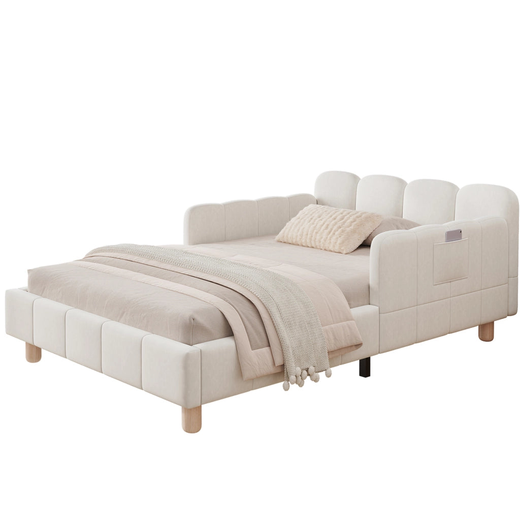 Letto per bambini imbottito in velluto beige con testiera ergonomica e tasche laterali