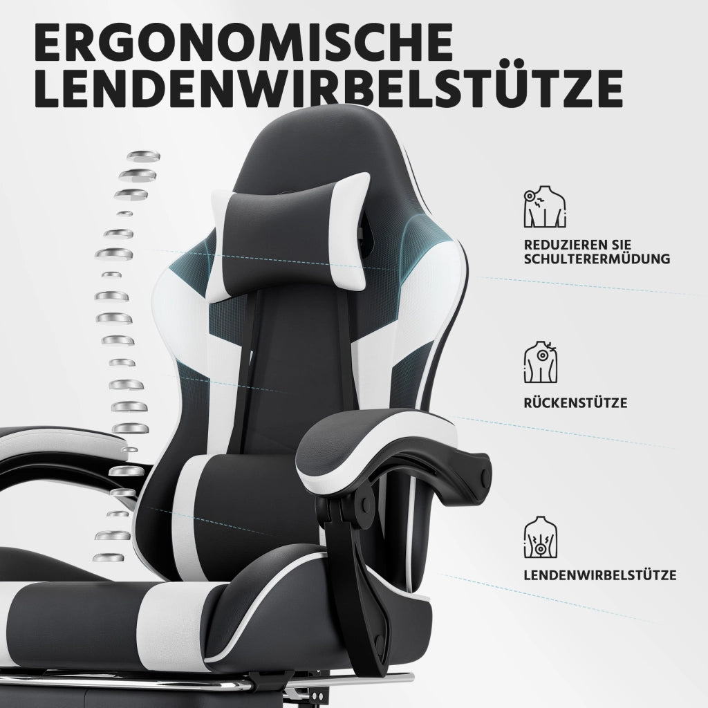 Sedia gaming ergonomica con supporto lombare schienale reclinabile e braccioli sincronizzati in PVC nero bianco 77 × 57 × 25 cm