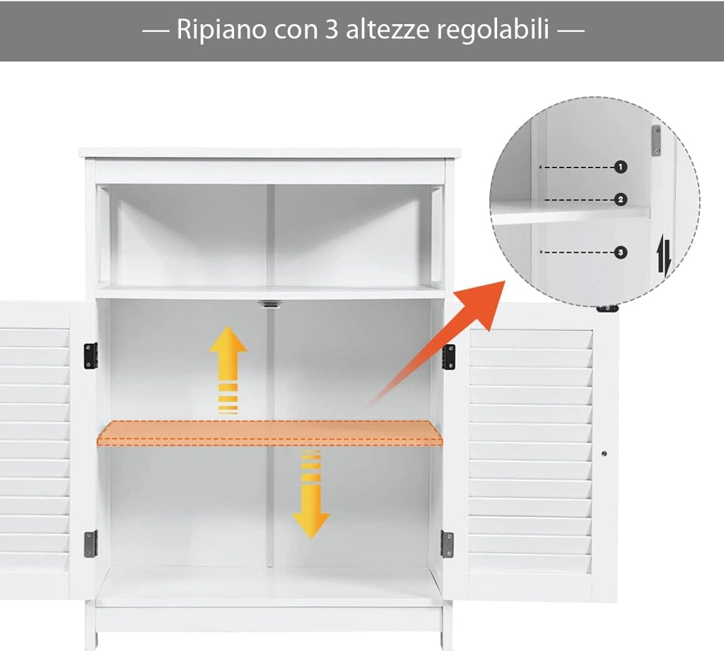 Armadietto del Bagno, Armadietto di Legno con Doppie Ante a Persiana e Mensola Regolabile, Armadio per Bagno Salone Camera da Letto (Bianco)
