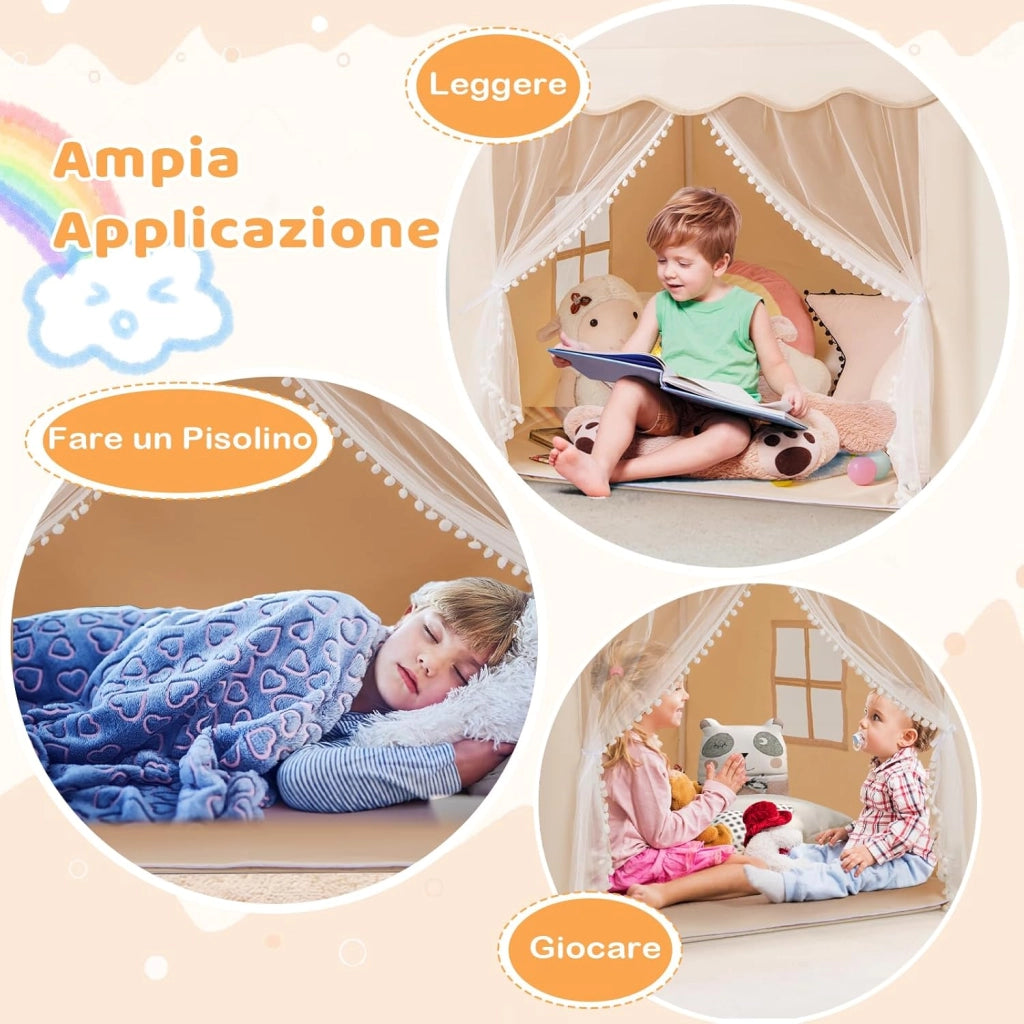 Tenda da Gioco per Bambini, Tenda Castello con Tappetino Lavabile, Luci a Forma di Stella, per Interno ed Esterno, 105 x 121 x 136 cm (Stile 2 Beige)