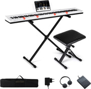 Tastiera Pianoforte Elettrico a 88 Tasti, Piano Digitale con Supporto e Sgabello Regolabili, Tastiera Sensibile, Tasti e Pulsanti Illuminati, Funzione MIDI, Pedale di Sustain, Cuffie (Bianco)