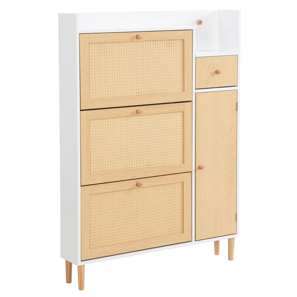 Scarpiera con 3 ante a ribalta e cassetti; MDF; 90 × 125 × 17 cm; naturale e bianca