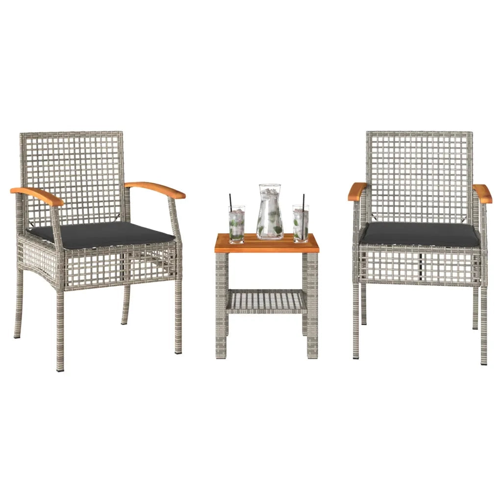 Set da BistrÃ² 3 pz con Cuscini Grigio Polyrattan e Legno Acaciacod mxl 90415