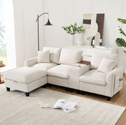 Divano angolare 229x149.5x83 cm con console centrale; porte USB e tasche portaoggetti in corduroy beige