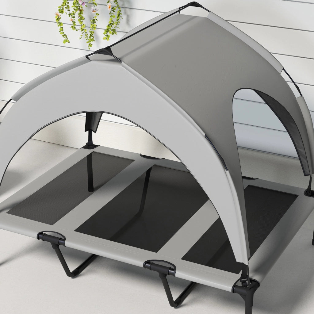 Cuccia rialzata per cani con tetto, rete traspirante, tela Oxford e struttura in acciaio, grigio chiaro 106 × 76 × 94 cm