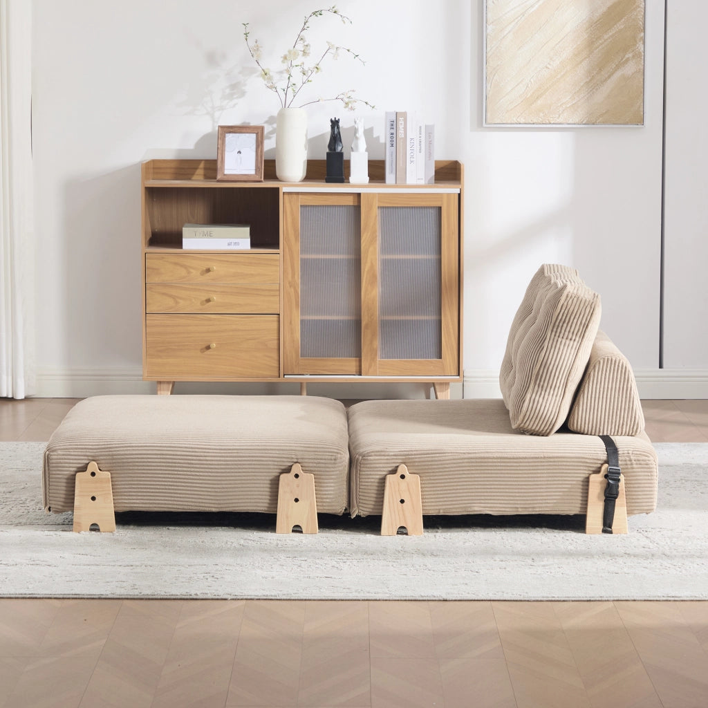 Poltrona letto singola in velluto a coste cachi; 90x86x84 cm