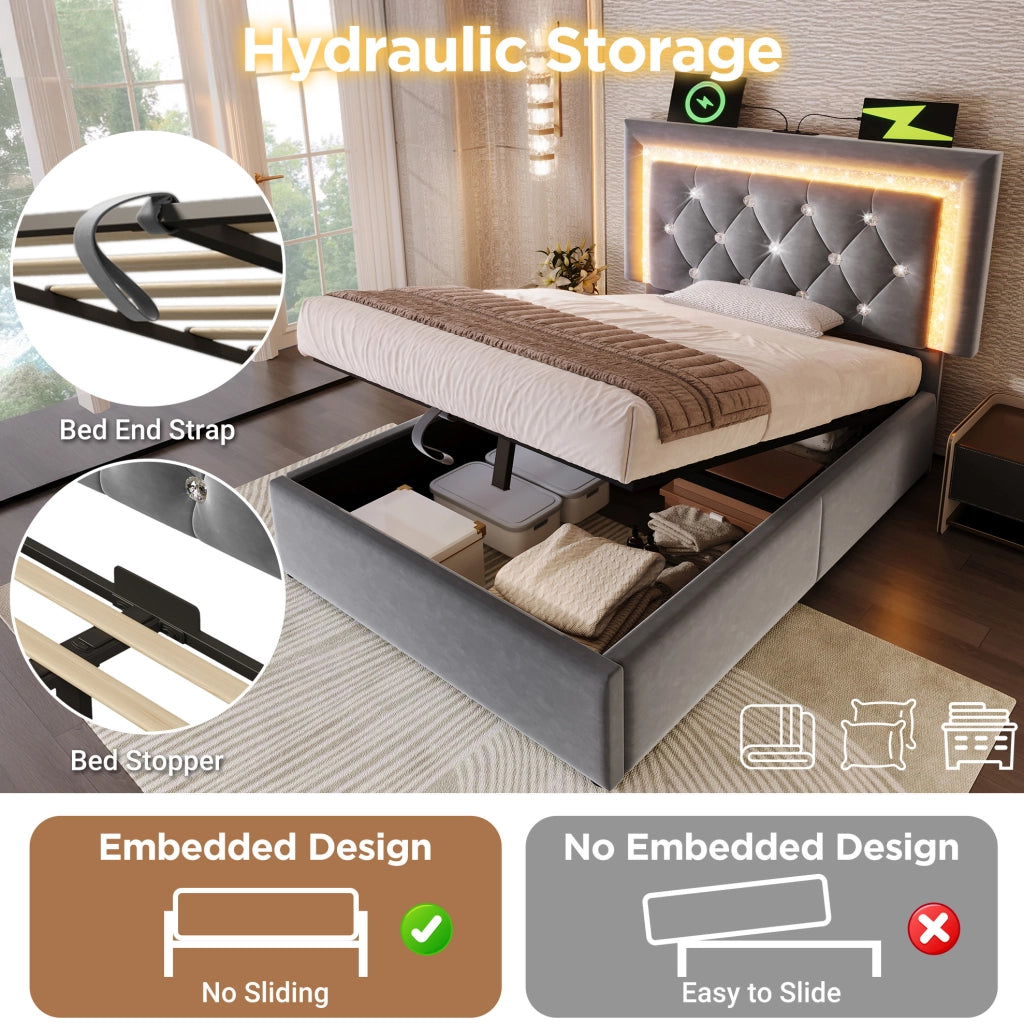 Letto imbottito 90x200 cm in velluto grigio con LED; USB Type-C; contenitore e materasso