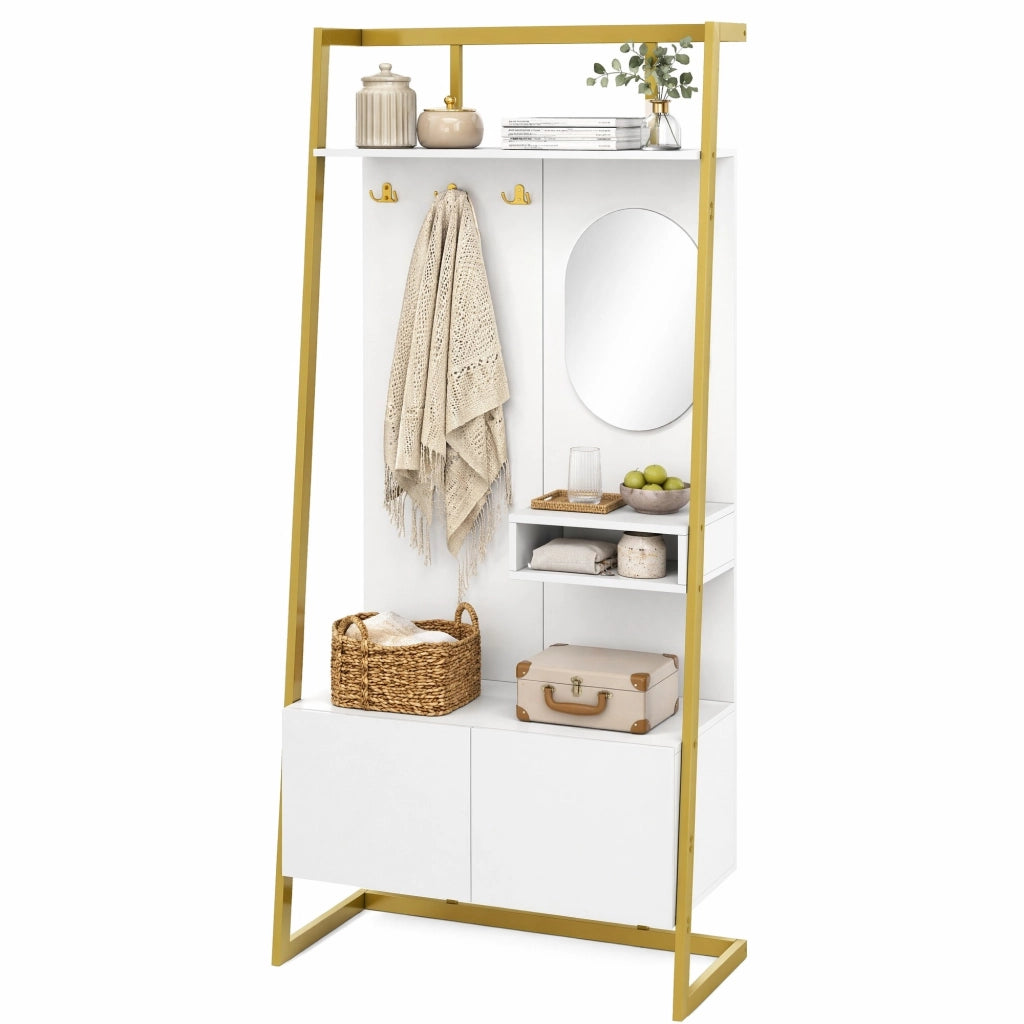 Mobile ingresso compatto con specchio; ganci e scarpiera; 78x38;5x180;5 cm; bianco in MDF