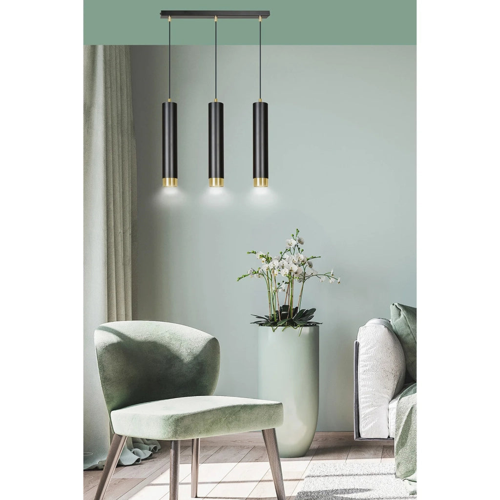 Lampadario 3 Luci Brunilde In Acciaio Nero E Tubolari In Nero E Oro