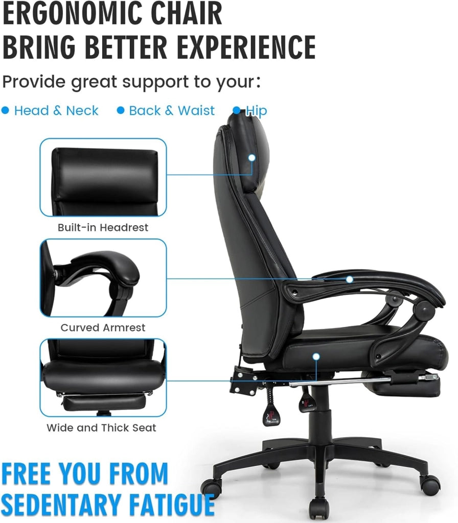 Sedia direzionale da ufficio, regolabile in altezza, girevole con poggiatesta e poggiapiedi retrattile, sedia da scrivania ergonomica con schienale regolabile, sedia da gioco, in ecopelle