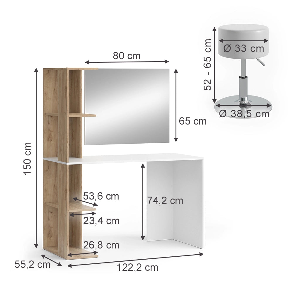 Vicco Tavolo da toeletta Bianco/Sonoma 122.2 cm con sgabello