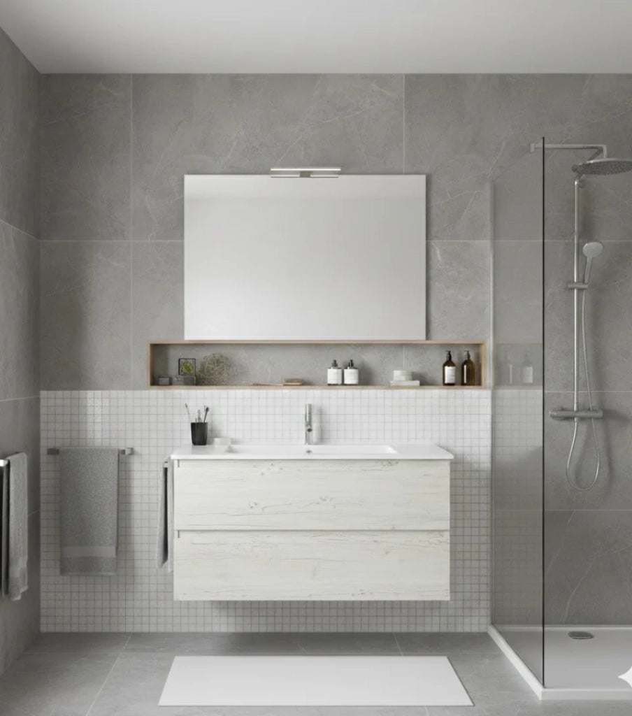 Mobile Bagno LOKI Già Montato 2 cassetti con piedini, lavabo e specchio Bianco nordico 100x45 cm