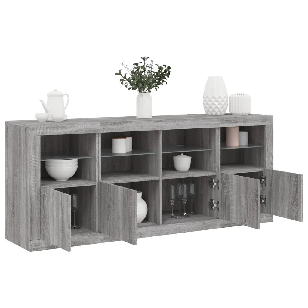 Credenza con Luci LED-Buffet-Armadio da cucina Grigio Sonoma 163x37x67 cm