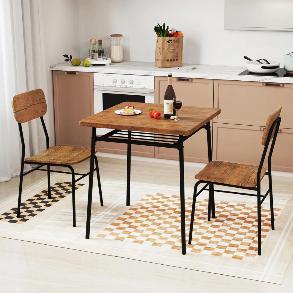Set Mobili da Bar Tavolo e 2 Sedie, Tavolino Quadrato con Scaffale di Stoccaggio, Tavolo Birreria con 2 Seide per Balcone, Sala da Pranzo, Cucina e Ristorante (Marrone)
