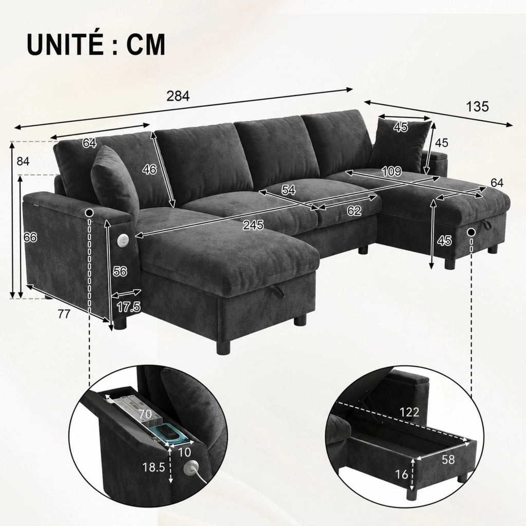Divano a U con chaise longue e vano contenitore, 1 USB e 1 Type-C, in chenille grigio 279 × 135 × 84 cm