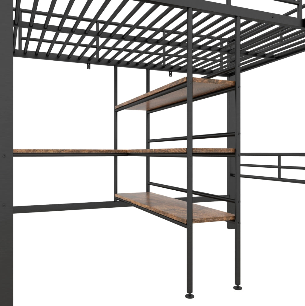 Letto a soppalco 90x200 cm con scrivania, ripiani e scala in metallo