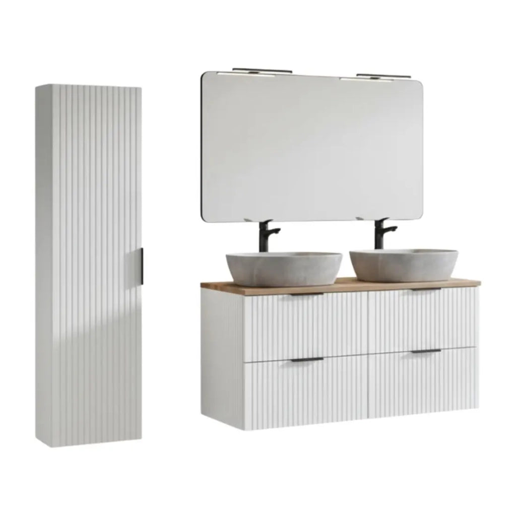 Set da bagno NOXERA 120 cm – Bianco alpino e quercia wotan – Doppio lavabo effetto marmo, colonna e specchio con lampada