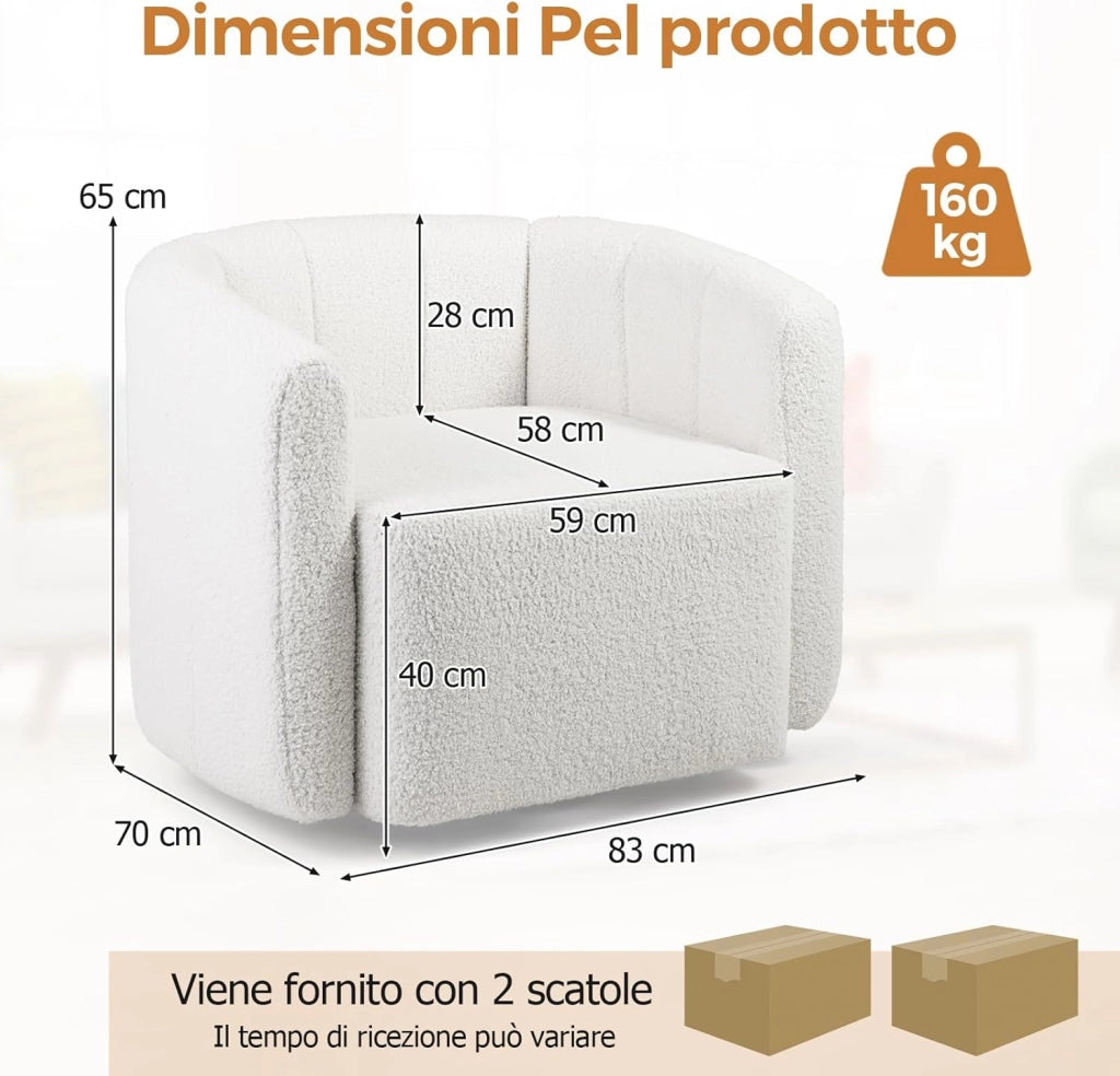 Poltrona Relax Girevole, Poltrona Moderna Imbottita con Schienale Curvo e Braccioli, Sedia da Lettura per Soggiorno, Poltrona Soggiorno, Portata 160 kg