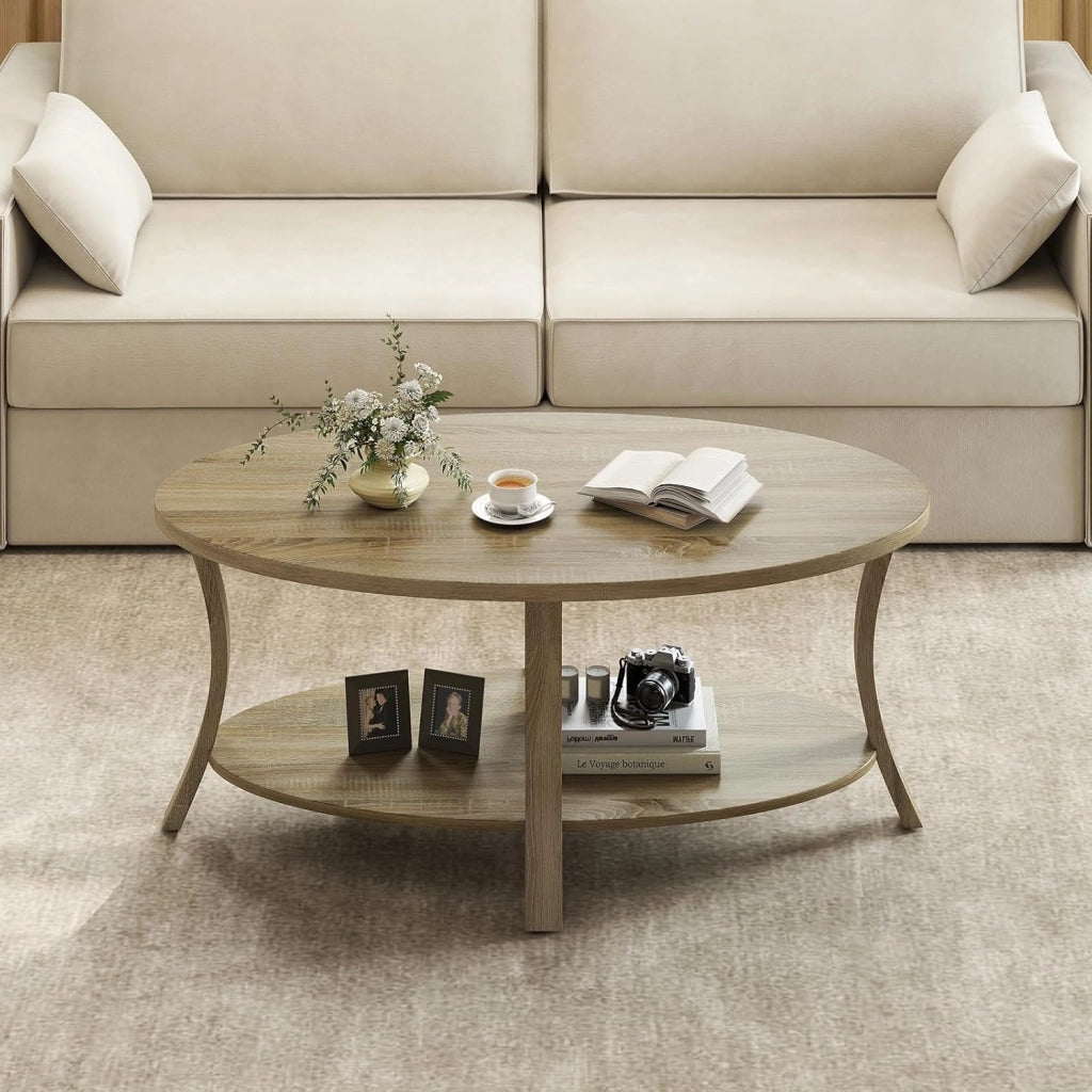 Tavolino da Centro a 2 Livelli, Tavolino Ausiliario Ovale con Gambe Curvate, Venatura del Legno, Piedini Antiscivolo, Ripiano per Soggiorno, Studio, Sala d'Attesa, Grigio/Rovere (Naturale)