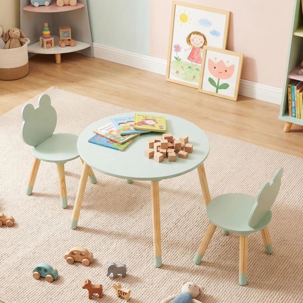 Set Tavolo e Sedie per Bambini, Tavolino e 2 Sedie a Forma di Rana con Gambe in Legno e Angoli Arrotondati, Set Mobili Salvaspazio per Bambini 3+ Anni per Cameretta Ragazzi (Verde)