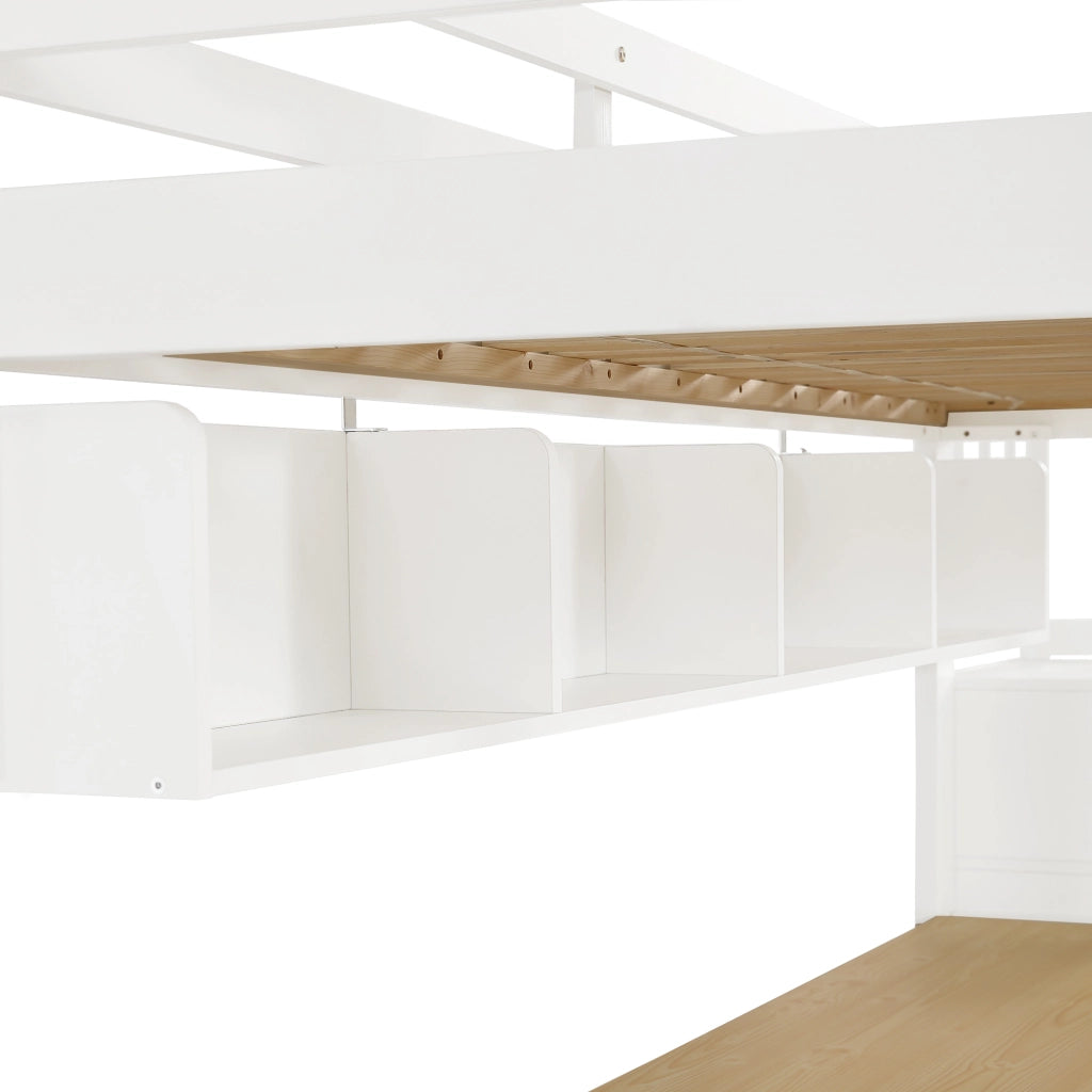 Letto a Soppalco 90x200 cm - Scrivania; Cassetti e Scala Contenitore - Bianco