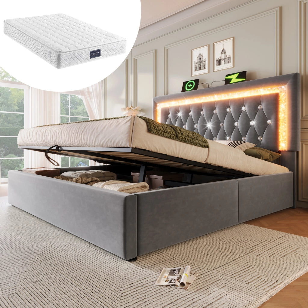 LETTO imbottito 160x200 cm in velluto grigio con materasso incluso
