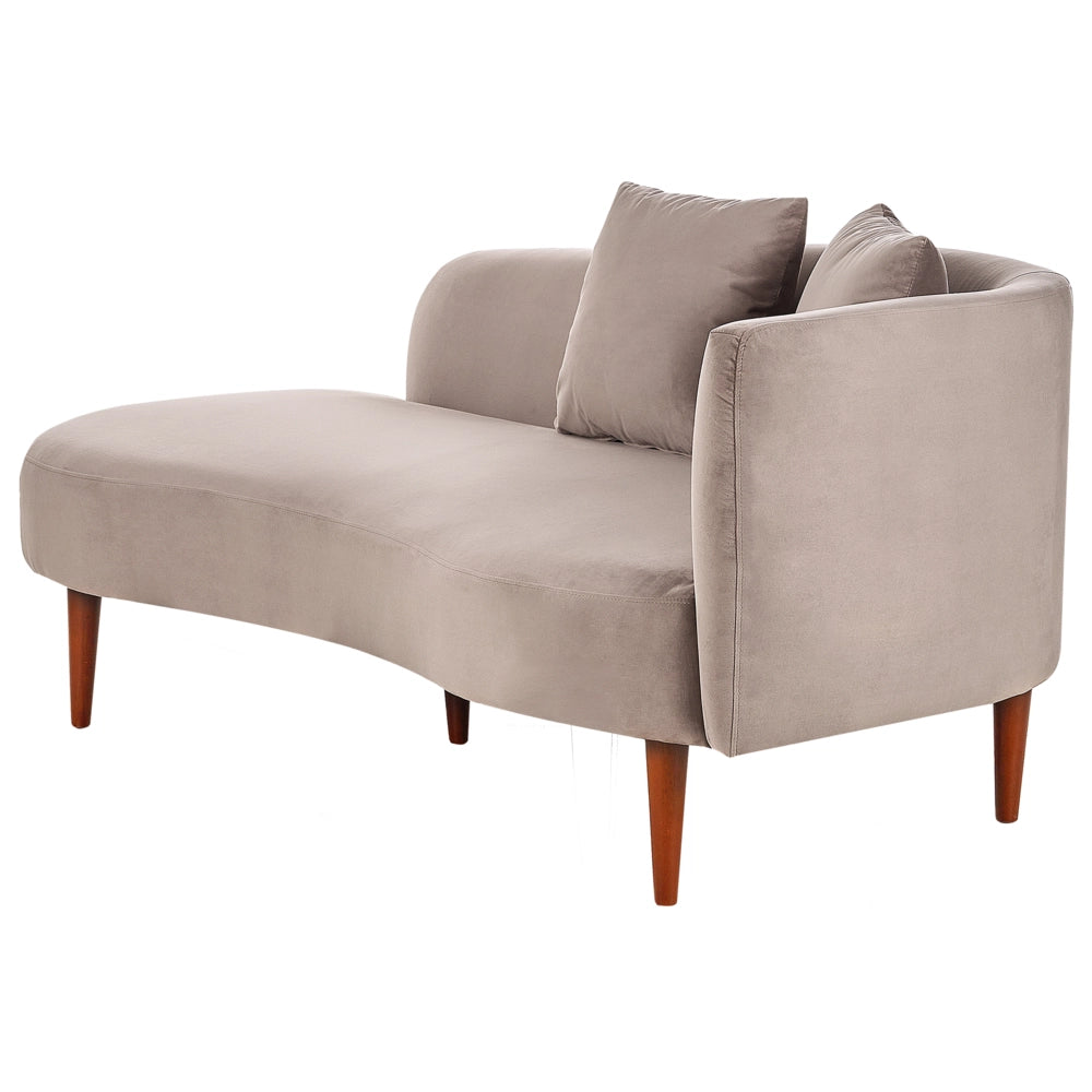 Chaise Lounge in velluto tortora lato destro gambe in legno scuro design moderno