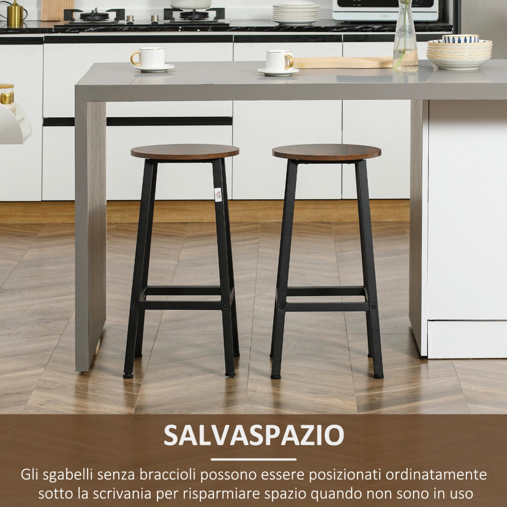 EASYCOMFORT  Set 2 Sgabelli da Cucina in Truciolato e Acciaio con Piano Liscio e Poggiapiedi, 32.5x32.5x65 cm, Marrone