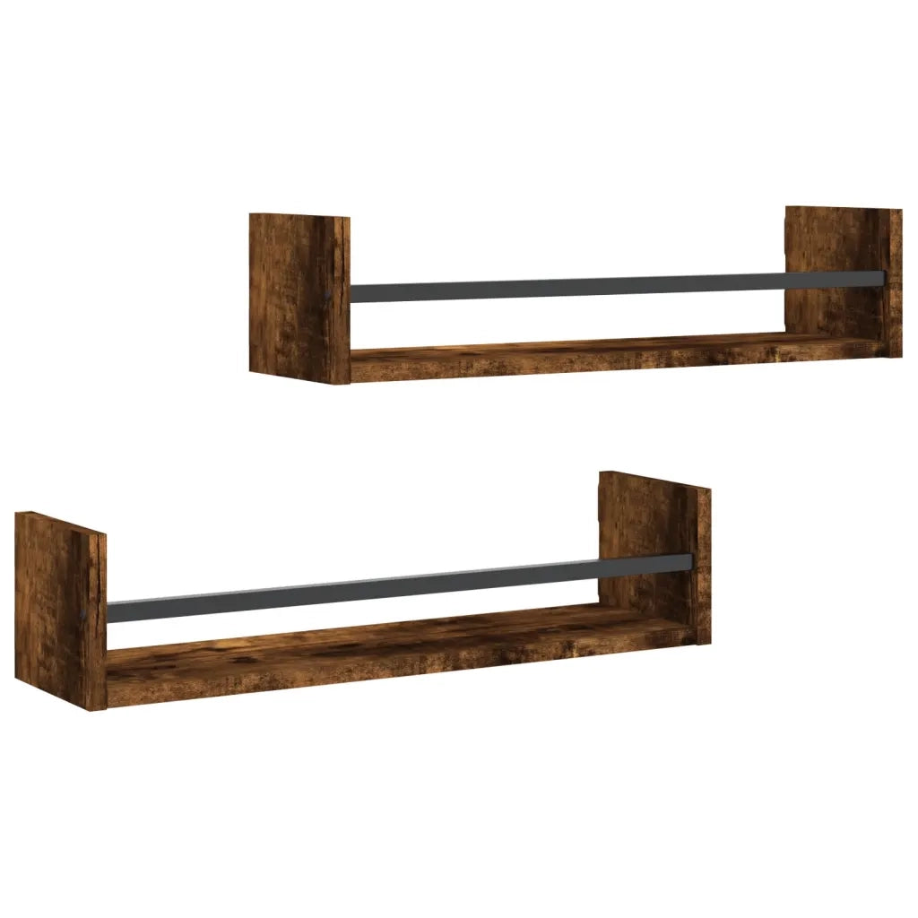 2 pz Mensole a Parete | Scaffale Parete | Ripiano a parete con Aste Rovere Fumo 60x16x14 cm