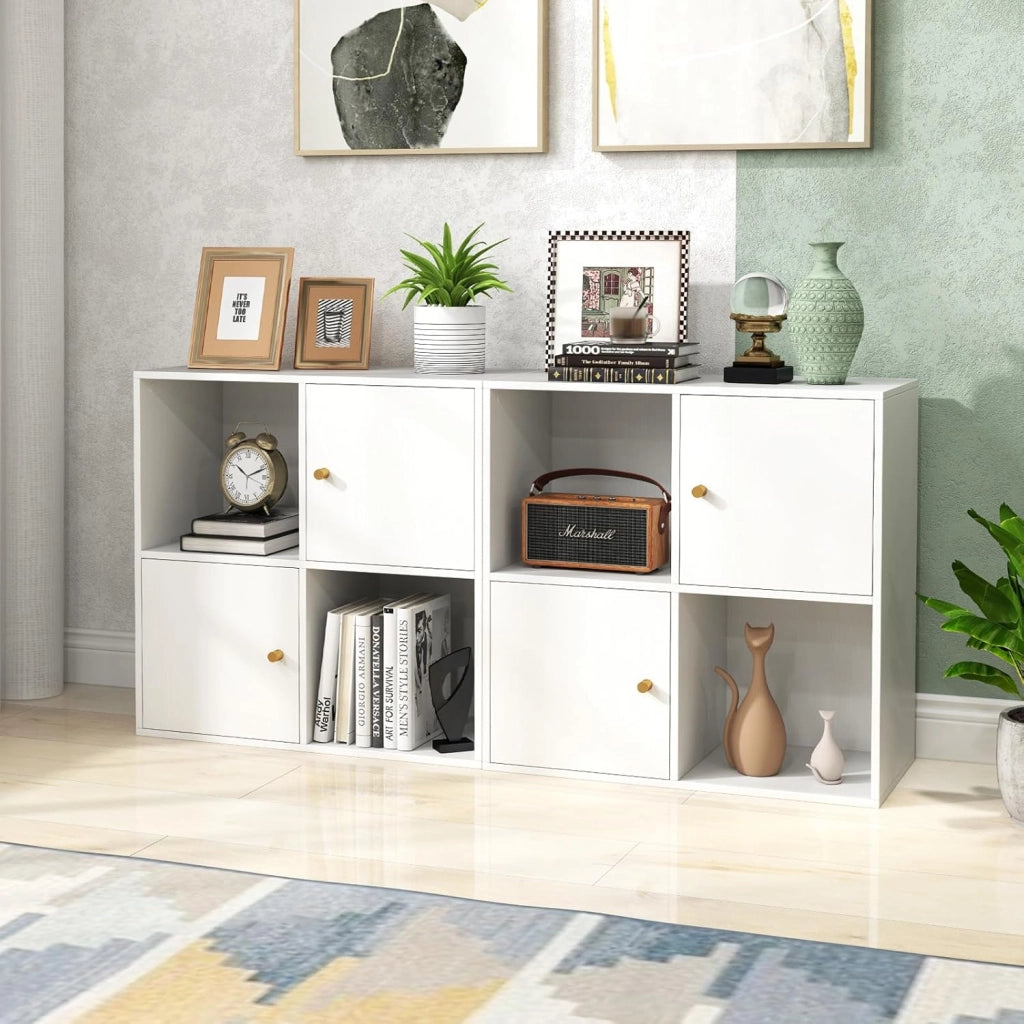 Libreria a 4 Cubi, Scaffale a 3 Piani con Doppio Kit Anti-Ribaltamento e 2 Armadietti, Organizzatore da Terra in Legno per Ufficio, Soggiorno e Camera da Letto, 60 x 29 x 60 cm