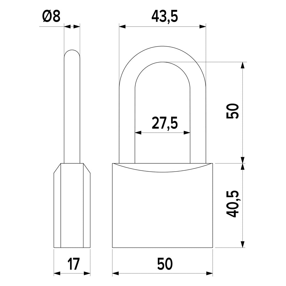 LUCCHETTO RETTANGOLARE ARCO LUNGO mm 50- 10 pezzi  - ISEO