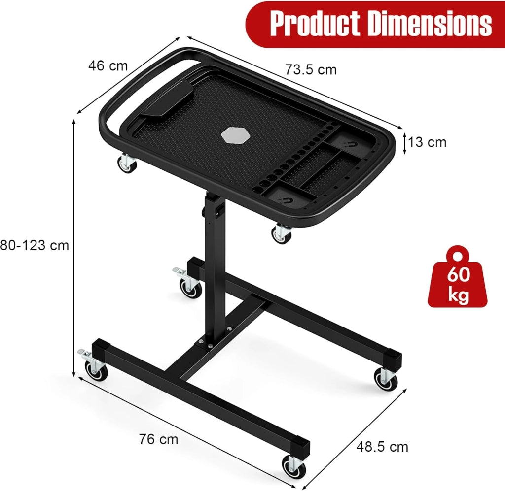 Carrello per officina, carrello girevole a 360°, altezza regolabile 80-130 cm, carico massimo 60 kg, grande vassoio rimovibile 73,5 x 46 cm, per garage, officina, soggiorno, casa, nero