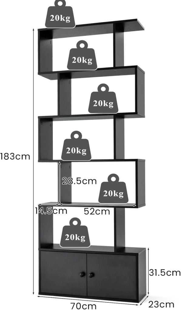 Libreria Scaffale a 5 Livelli, Libreria Verticale, Divisorio per Stanza, Armadietto con 2 Ante, Scaffale Salvaspazio e Multiuso per Soggiorno, Camera da Letto, 70 x 23 x 183 cm (Nero)