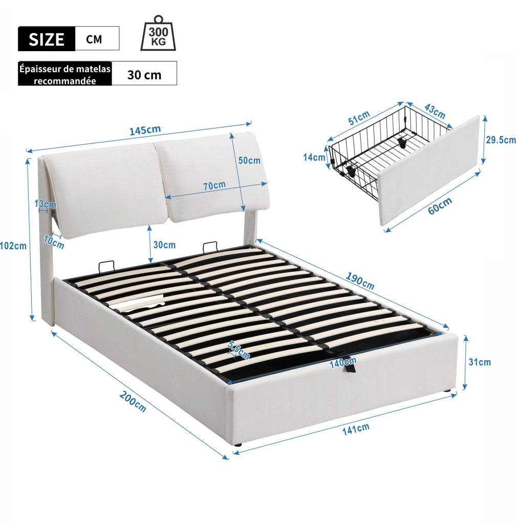 Letto imbottito 140x190 cm con contenitore idraulico; 3 cassetti; velluto beige; rete a doghe