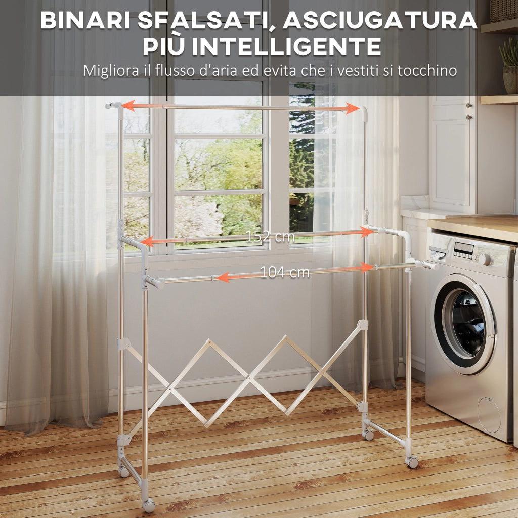 Stendibiancheria Pieghevole con 3 Barre Regolabili Ruote Girevoli e Struttura in Acciaio Inox Argento