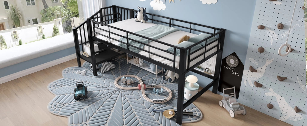Letto alto semialto nero con scala contenitore in MDF e metallo 90x200 cm