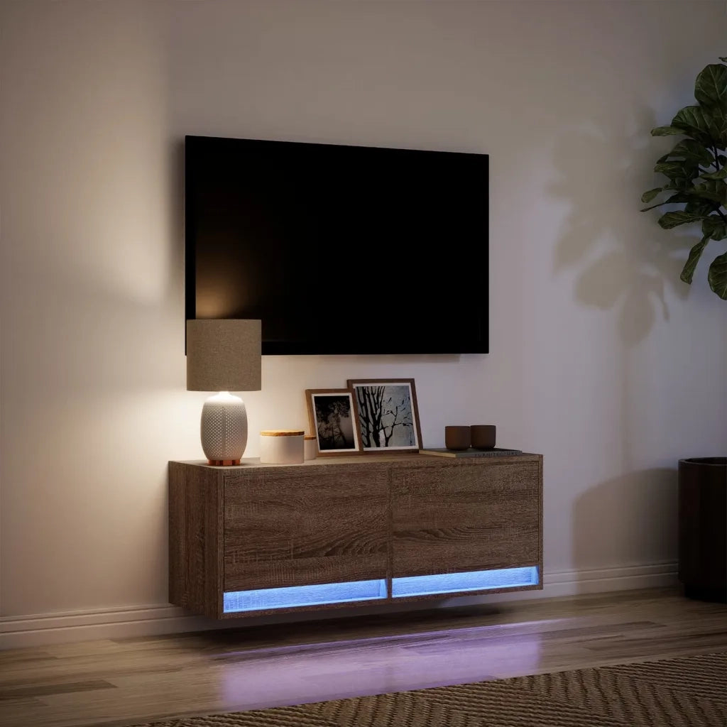 Mobile TV a Parete con Luci LED Rovere Marrone 100x31x35 cm 852368