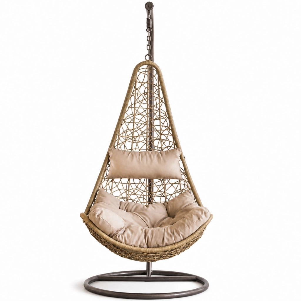 Poltrona Amaca Sospesa Con Telaio Indipendente In Metallo Seduta Ergonomica In Polyrattan E Cuscino Morbido Con Appoggiatesta Arredo Relax Per Giardino Patio Terrazzo E Balcone 105 x 195 Cm Beige
