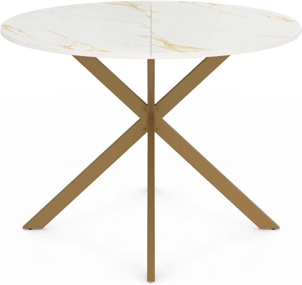 Tavolo da pranzo rotondo per 6 persone ALIX con gamba a ragno in ottone e piano ALASKA 110 cm effetto marmo oro