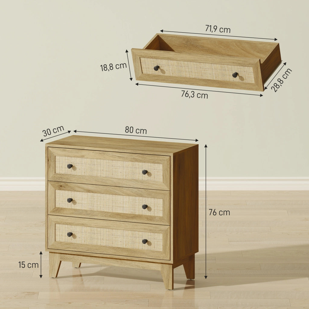 Cassettiera con 3 Cassetti in Legno e Frontale in Rattan ¨C Minimal ¨C 80x35x76 cm Colore Naturale