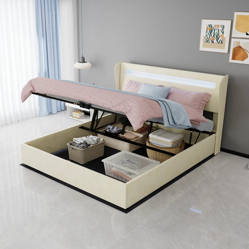 Letto imbottito minimalista beige 160x200 cm, testiera LED morbida, base rialzata con sollevatore a gas. Materasso non incluso.
