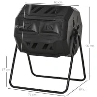 Compostiera da Giardino Girevole a 2 Sezioni con 8 Prese d'Aria, Compostiera Domestica in Acciaio e PP, 160 L, per Compostaggio Rifiuti Organici, 71x65x96 cm, Nero